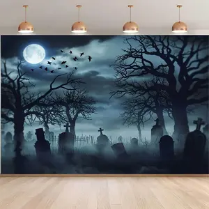 Spooky Halloween Cemetery Scene Backdrop - Polyester Fabric with Moonlit Graveyard, Bats, and Bare Trees Design for Parties, Anniversaries, and Photo Studio Decor - Indoor/Outdoor Use, Halloween Decoration Banners Ornaments