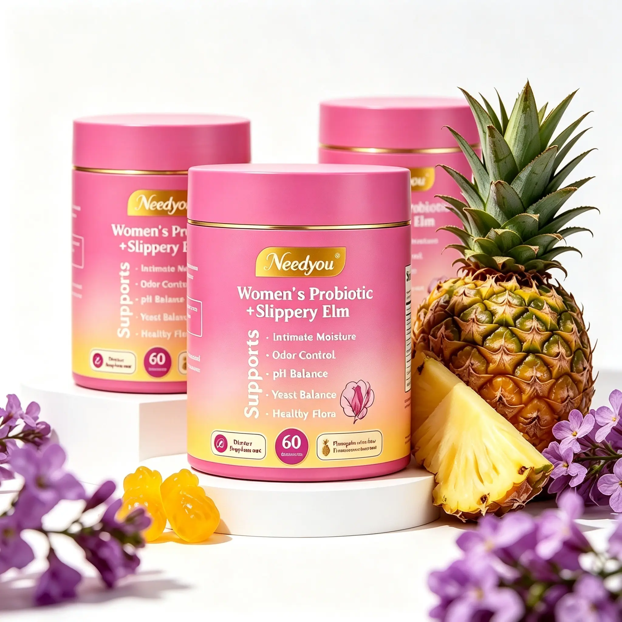 Her Juicy Feminine Probiotics Gummies – Soothing Dryness Support Probiotics Infused with Slippery Elm, Prebiotics & Lactobacillus to Keep Feminine pH Balanced All Day, 60 Counts