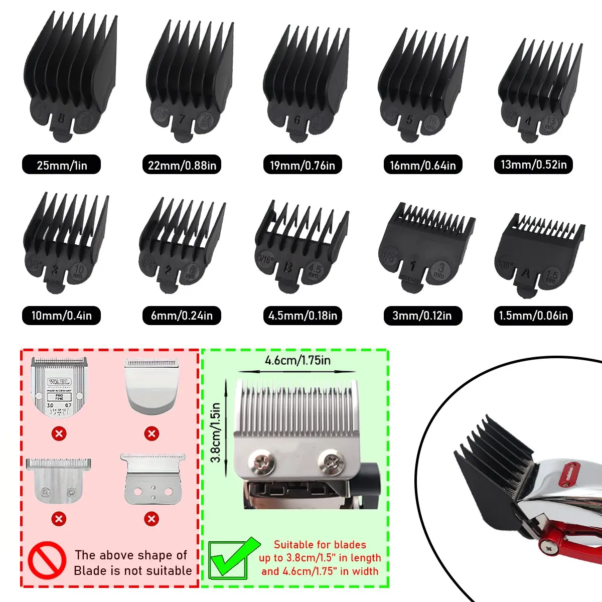 10pcs Universal Guards Hair Cutting Combs for Professional Hair Trimmer Machine Barber Accessories Trimmer Limit Combs 1.5-25mm Haircutting Clipper Guards Set
