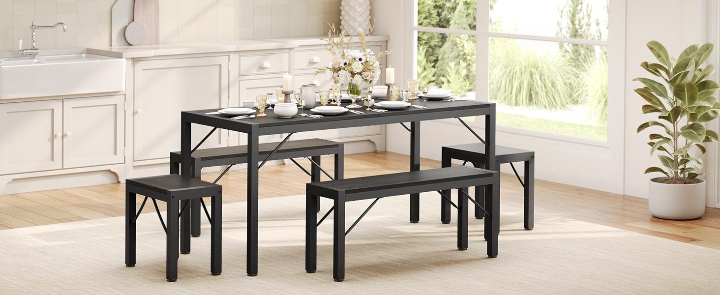 Gizoon 63" Dining Room Table Set for 6 Kitchen Table with 2 Benches and 2 Stools Dining Table Set with Metal Frame Space-Saving Kitchen Table Set for Apartment Furniture