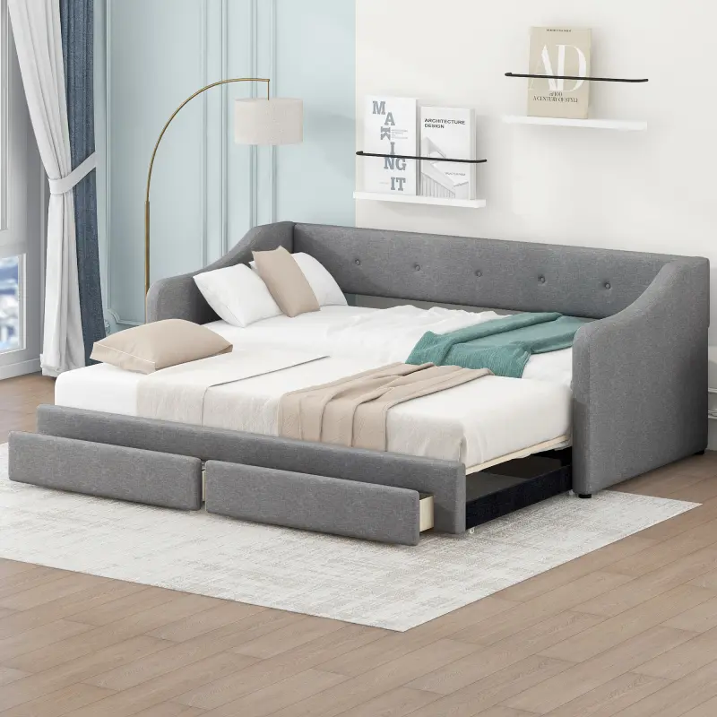 Twin XL to King Size Upholstered Daybed with Two Drawers, Gray
