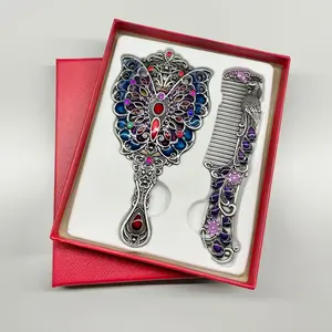 Vintage Peacock Motif Handheld Mirror & Comb Set, Metal Embossed butterfly Face Beauty Makeup Mirror, Antique Peacock Style Comb, Portable Hair Accessories for Bridal Showers/Cosplay/Travel