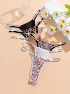 Women's Sexy Leopard Pattern Bikini Triangle Panties, Shiny Belt Detail Design, Fashionable Elegant Underwear, All Seasons 6-Pack, Leopard Print Bikinis, Triangle Bikini Bottoms