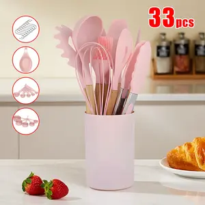 Silicone Kitchen Utensils Set, 33-Piece Non-Stick Baking & Cooking Utensil Set with Wooden Handle, Essential Home Kitchen Cooking Tool Set，Upgrade your culinary experience with our comprehensive  Non Sticky Pink