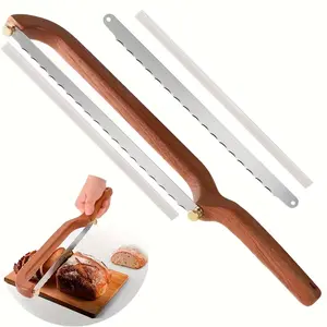 4pc Premium Wooden Bread Knife with Ergonomic Handle - Adjustable Blade for Even Slicing, Suitable for Artisanal Breads and Pastries in Rustic Kitchens, Natural Wood Design