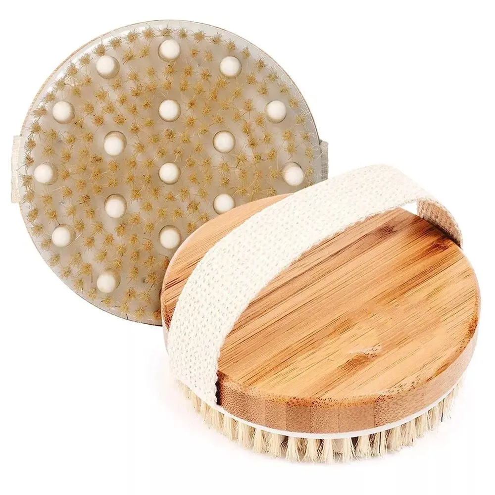 Boar Bristle Dry Brushing Body Brush - Solid Wood Handle, Canvas Strap for Body Massage Body Care Tool Bath Accessories