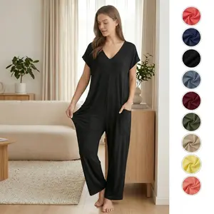 Women's V-Neck Loose Fit Lounge Jumpsuit, Short Sleeve One-Piece Pajama Romper with Large Pockets, Soft Comfy Homewear for Spring & Summer,  Loungewear Breathable Everyday