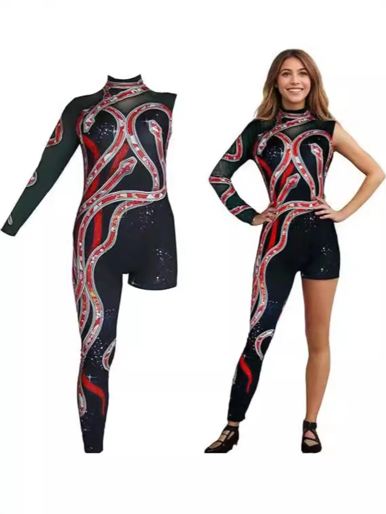 New Girl Shiny Party Costume for Parties, Adult Singer Concert Tight-Fit Jumpsuit, Snake Pattern Halloween, Plain Surface, Regular Length