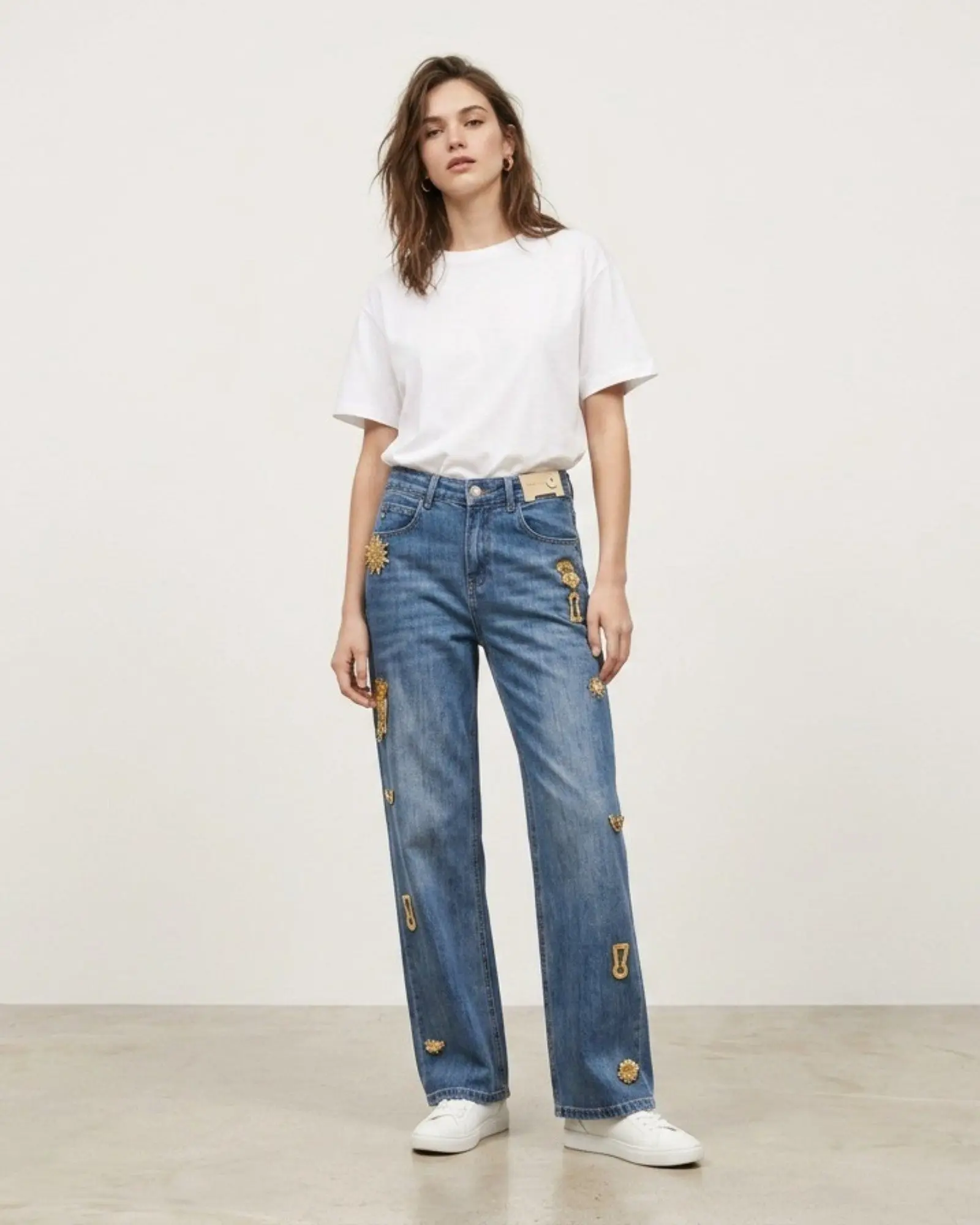 Women's High-Rise Straight Leg Jeans with Gold Applique Detail, Casual 100% Cotton Denim Bottoms, Bottom, Lady, Full Length, Straight Fit, Plain, Basic, All Seasons, No