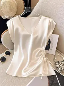 Plus Women's Plain Satin V-Neck Pleated Summer Elegant Blouse Top, Featuring Versatile Design for Brunch, Date Nights, Office Commutes & Casual Outings