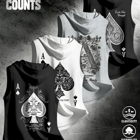 4 Piece Set Men's Streetwear Hooded Sleeveless Clothes Tank Tops, Urban Street Tank, Ace Dark Style, Loose Fit, Multi-Color, Casual Fitness Wear, Stylish Tank Tops
