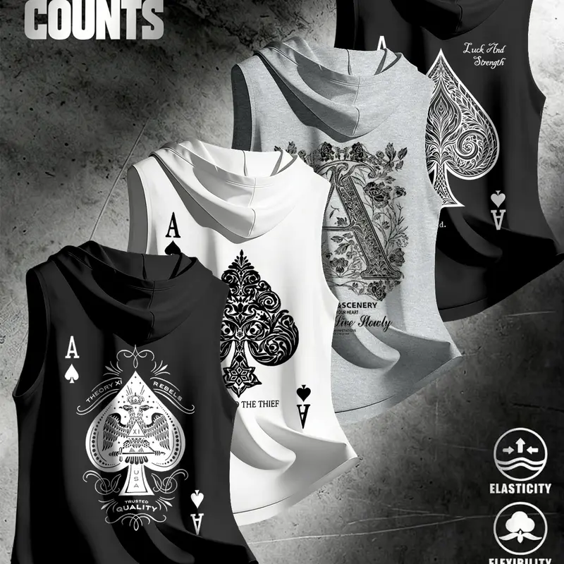 4 Piece Set Men's Streetwear Hooded Sleeveless Clothes Tank Tops, Urban Street Tank, Ace Dark Style, Loose Fit, Multi-Color, Casual Fitness Wear, Stylish Tank Tops
