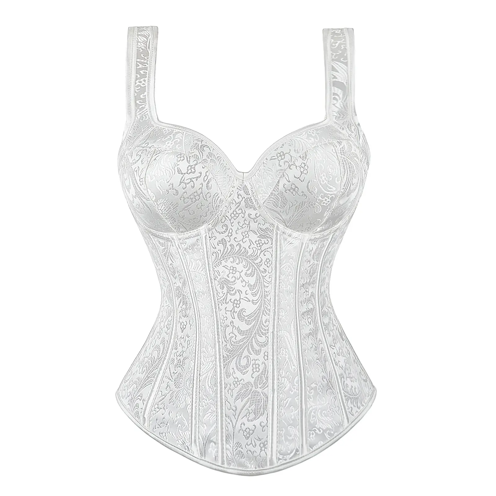 Lady's Gothic Jacquard Overbust Corset Bustier - Women's Sleeveless Shoulder Straps Tank Top, Spandex Polyester Fabric, Floral Lace Details, Minimalist Fashion Clothes, 1-Piece Costume 1569-T1