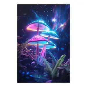 Starlit Symphony of Enchanted Neon Mushrooms: Illuminating a Celestial Dreamscape in the Heart of a Mystical Forest Beneath a Starry Night, Where Cosmic Wonders and Fantasy Nature Unite in a Breathtaking Glow of Magical Light Poster