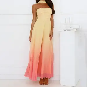 Women's Long Dress with Gradient Color, Halter Neck, Backless Design, Sleeveless, Summer Fashion, Casual Style