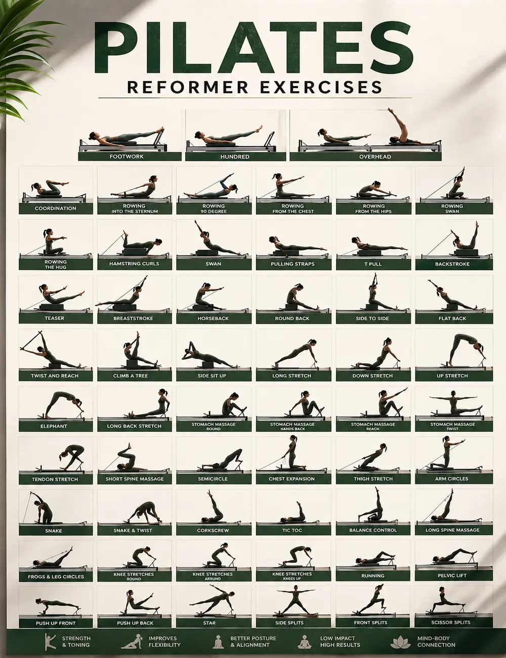 Pilates Reformer Exercise Chart Poster Home Gym Wall Art Pilates Pose Guide Canvas Print Workout Exercise Reference Chart Fitness Studio Decor Physical Therapy Training Poster Pilates Instructor Gift Unframed Motivational