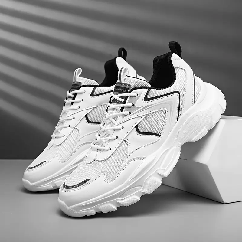 Male Fashion Platform Athletic Running Shoes - Breathable Mesh Casual Trainers with Cushioned Synthetics, Durable Soles, Shock-Absorbing Insoles for All-Season Casual & Sports Wear, White