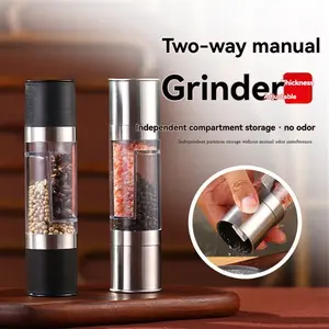 Double Head Pepper Grinder Salt & Spice Mill Manual Stainless Steel Home Use Glass Powder Bottle, Kitchen Essential Tool, Seasoning, Kitchen Gadgets