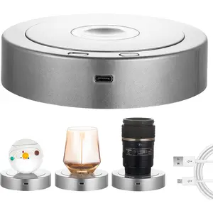 Rotating Display Stand - Spinning Display Stand with Colored Lights - Lighted LED Base for Glass Art with 4 Revolving & 8 Light Modes - Electric & Battery-Operated Platform - 5.1x1.2" (Silver)