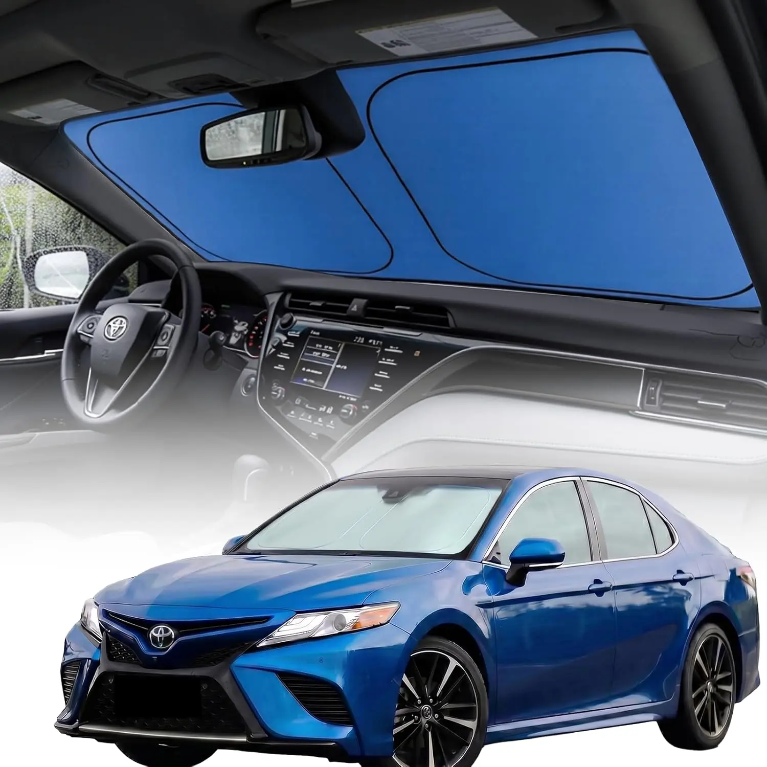 Car Front Windshield Sun Shade - Custom-Fit, Wrinkle-Resistant Stretch Fabric, UV-Blocking, Foldable, Neat Look, Medium Size (64"x32")