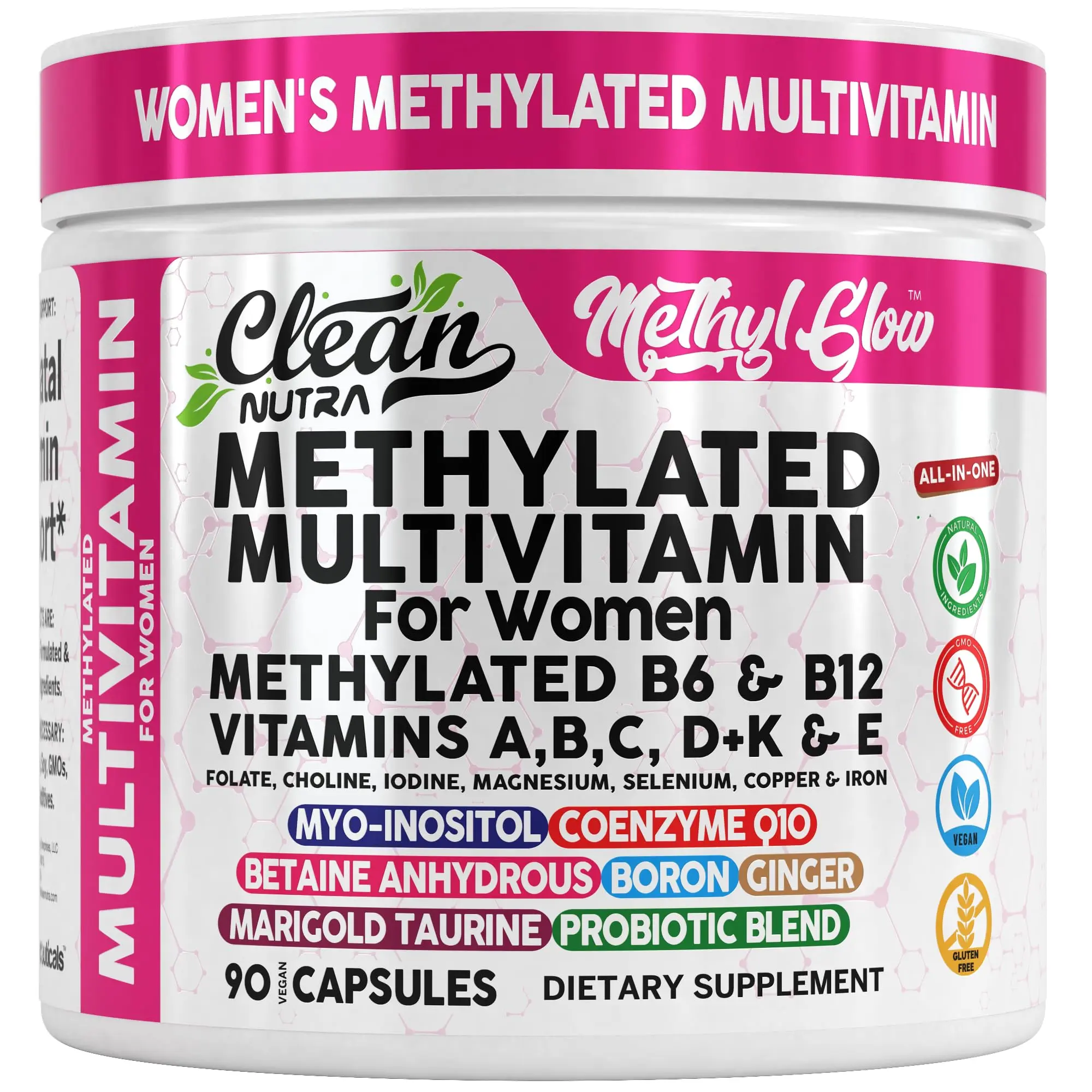 Clean Nutra Women’s Methylated B6 & B12, Vitamins A B C D+K & E, Myo-Inositol, CoQ10, Betaine Anhydrous, Omega-3s, Probiotics & More for Energy Hormone Balance & Wellness Capsules – Methyl Glow