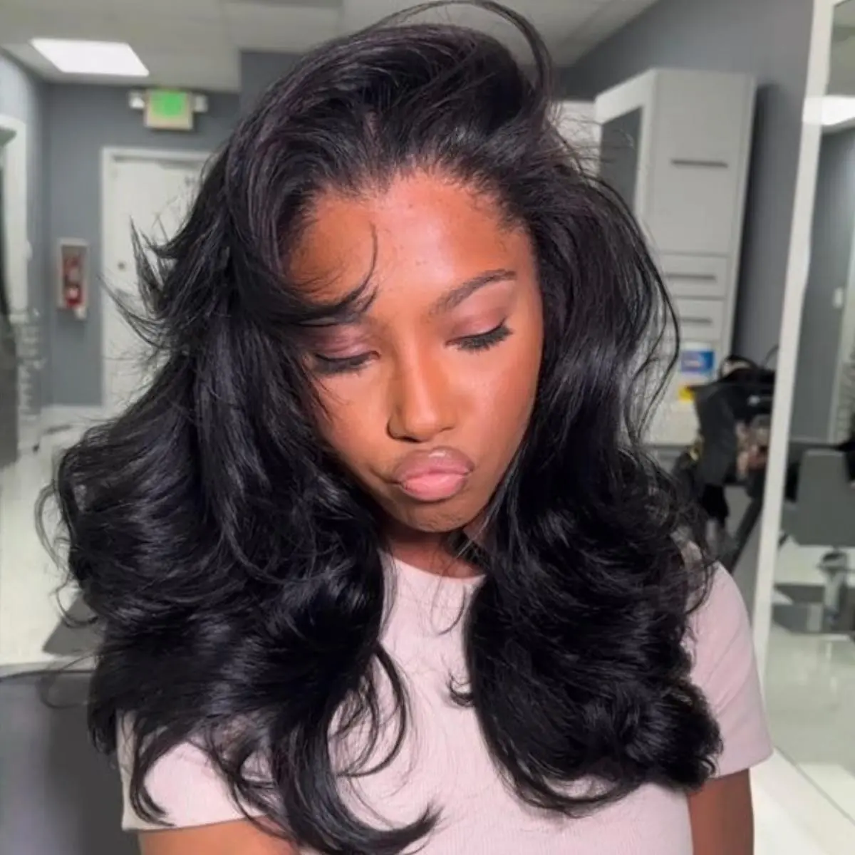 Salon Style At Home Sunber Affordable Pre-Styled 13x4 Body Wave Lace Frontal Wig with Side Bangs Layered Cut Wig-No-Fuss Glueless & Ready to Wear Beginner Friendly Pre Everything Natural Black Wig SummerTurnUp