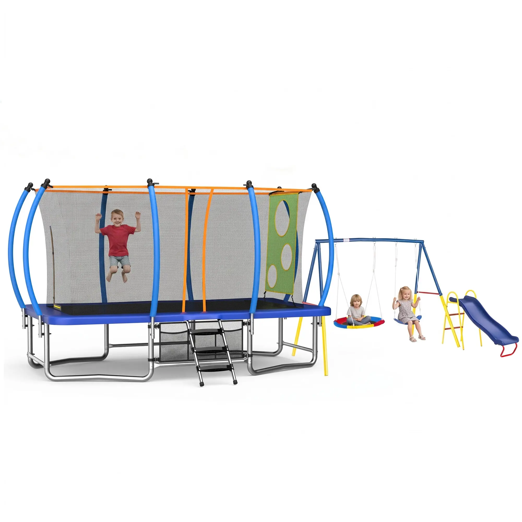 8X14FT 3-in-1 Rectangular Trampoline with Swing and Slide, Outdoor Square Trampolines for Kids Adults, Long Rectangular Tumbling Trampoline with Enclosure Net, Ladder & Double Stability Balance Bar
