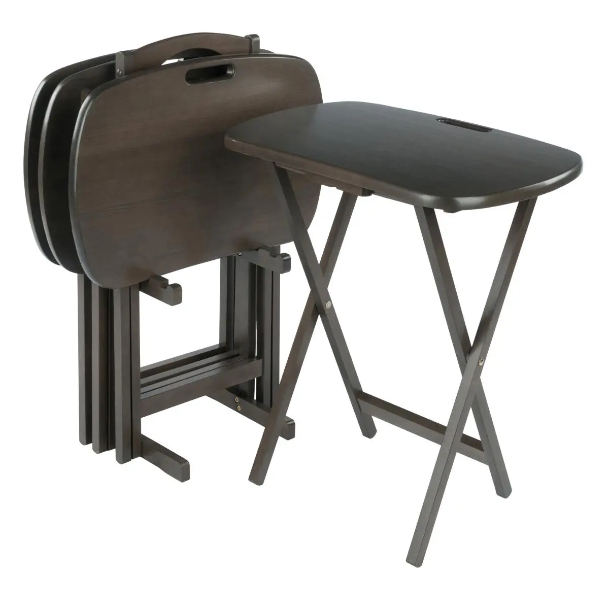 Winsome Wood Oyster Gray Lucca 5-Piece Folding Snack Table Set with Snack Trays, 12.2"w x 11.9"d x 31.3"h, Assembly Required, 25 lbs per Tray Static Weight Capacity, 44 lbs Total Storage Support (for Dorms), Folding Tables, Watch Party
