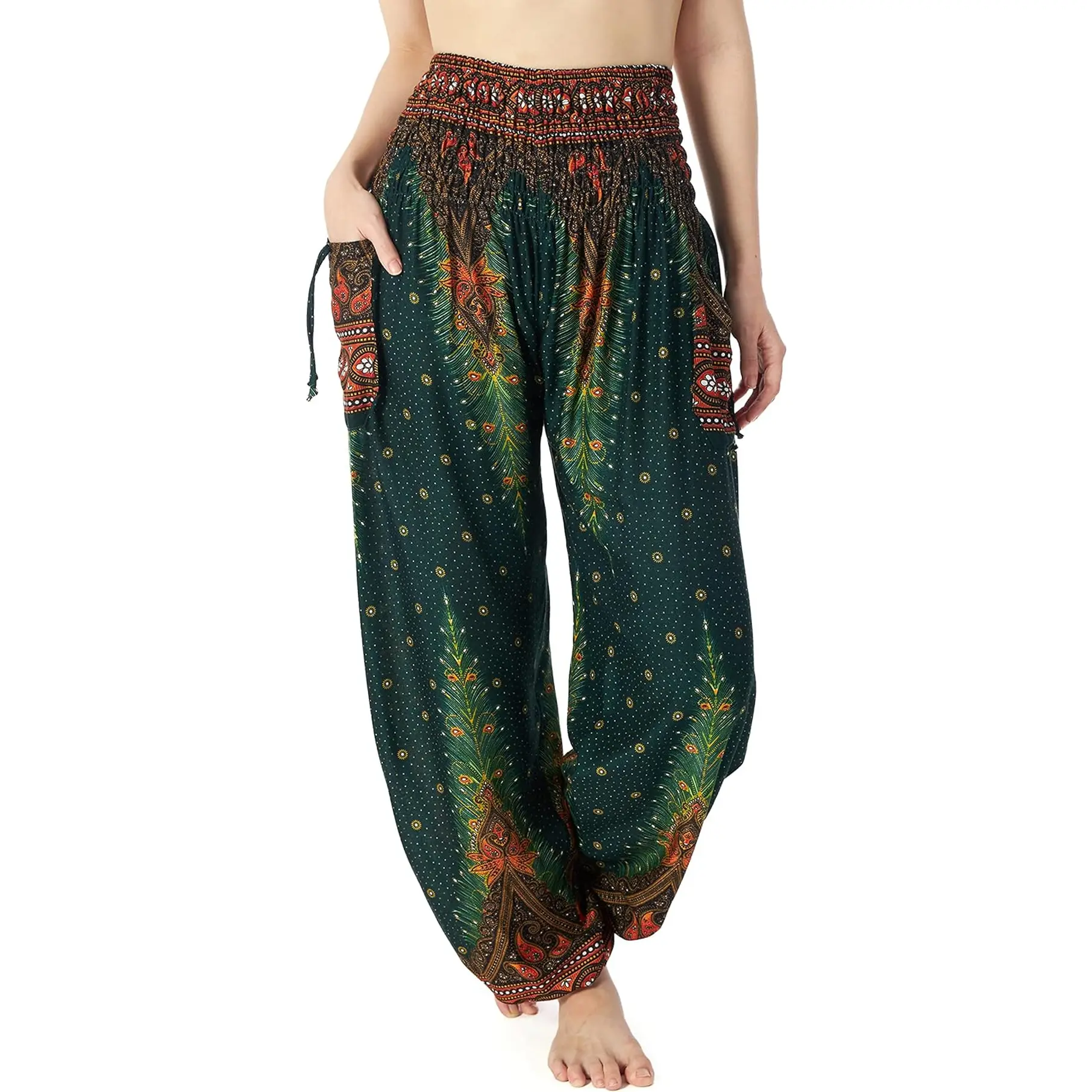 Lannaclothesdesign Women's Bohemian Smocked Waist Flowy Yoga Harem Pants - Comfortable Style Apparel for Everyday Wear