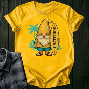 Surfer Gnome with Gratitude Surfboard, Unisex T-Shirt