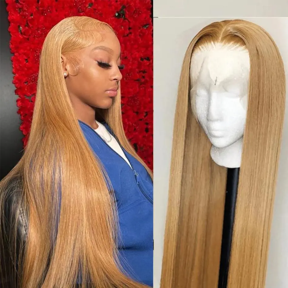 27# Honey Blonde Colored Lace Frontal Wigs Ombre Highlight Straight 13x6 HD Transparent Lace Front Human Hair Wigs For Women