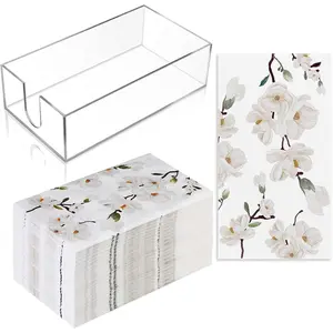 100-Pc Disposable Paper Guest Towel Set, Floral White Magnolia Hand Towels with Acrylic Napkin Holder Tray for Bathroom, Party Decor