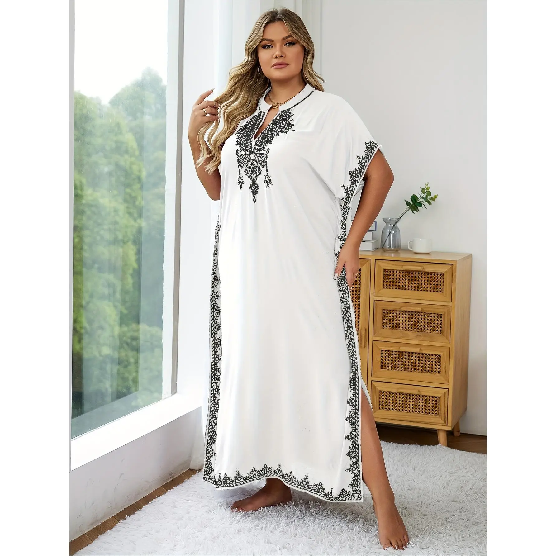 [Long V-neck ethnic kaftan dress] WOMEN'S long robe dress V-neck ethnic print kaftan dresses for women embroidery loose home wear oversized swimwear b