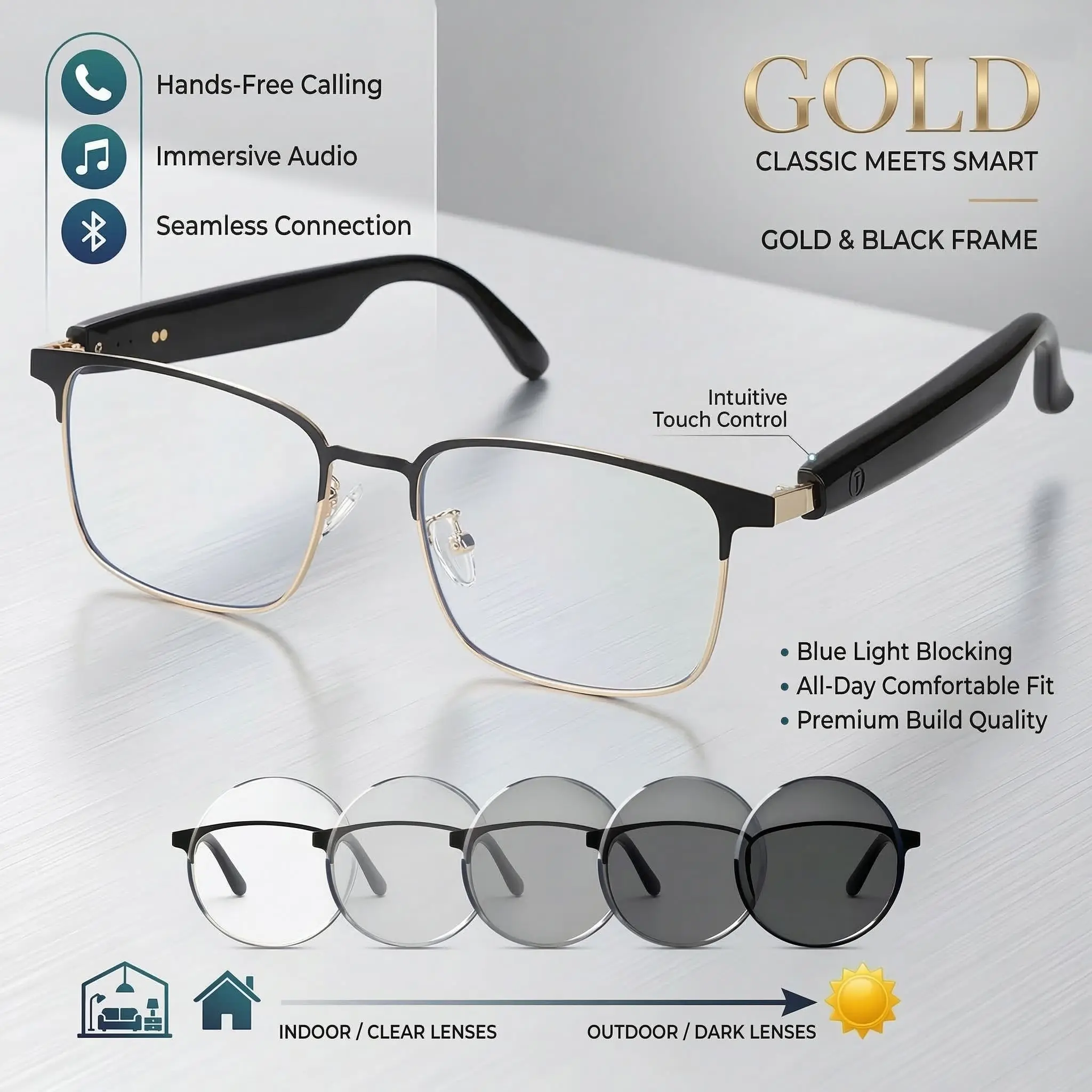 VUB bluetooth audio smart glasses, unisex blue light blocking glasses, remote shooting, open microphone and speaker, magnetic charging, photochromic polarized lenses, voice assistant, translation.