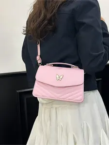New Sweet Girl Style Light Pink Butterfly Quilted Handbag Flip-Top Commuter Square Bag Perfect for Daily Dates and Sweet Outfits Essential Everyday Companion Casual Handbag