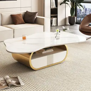 Coffee Table Modern Faux Marble Center Table with Sturdy Gold Metal Base, Luxury Living Room Furniture, Modern Butterfly Coffee Table, Easy Assembly