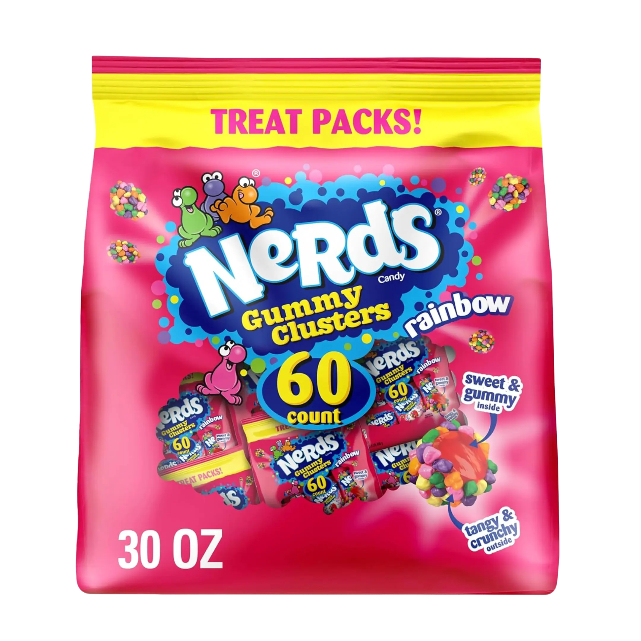 NERDS Original Gummy Clusters Rainbow Flavor Ferrara Candy Company Snack - Tangy & Crunchy Outside, Chewy & Crunchy, Sweet, Bite-Sized Treats, Kids Party Snacks with Fruity Notes, 30 oz (60 Ct) Pack, Novelty Candy