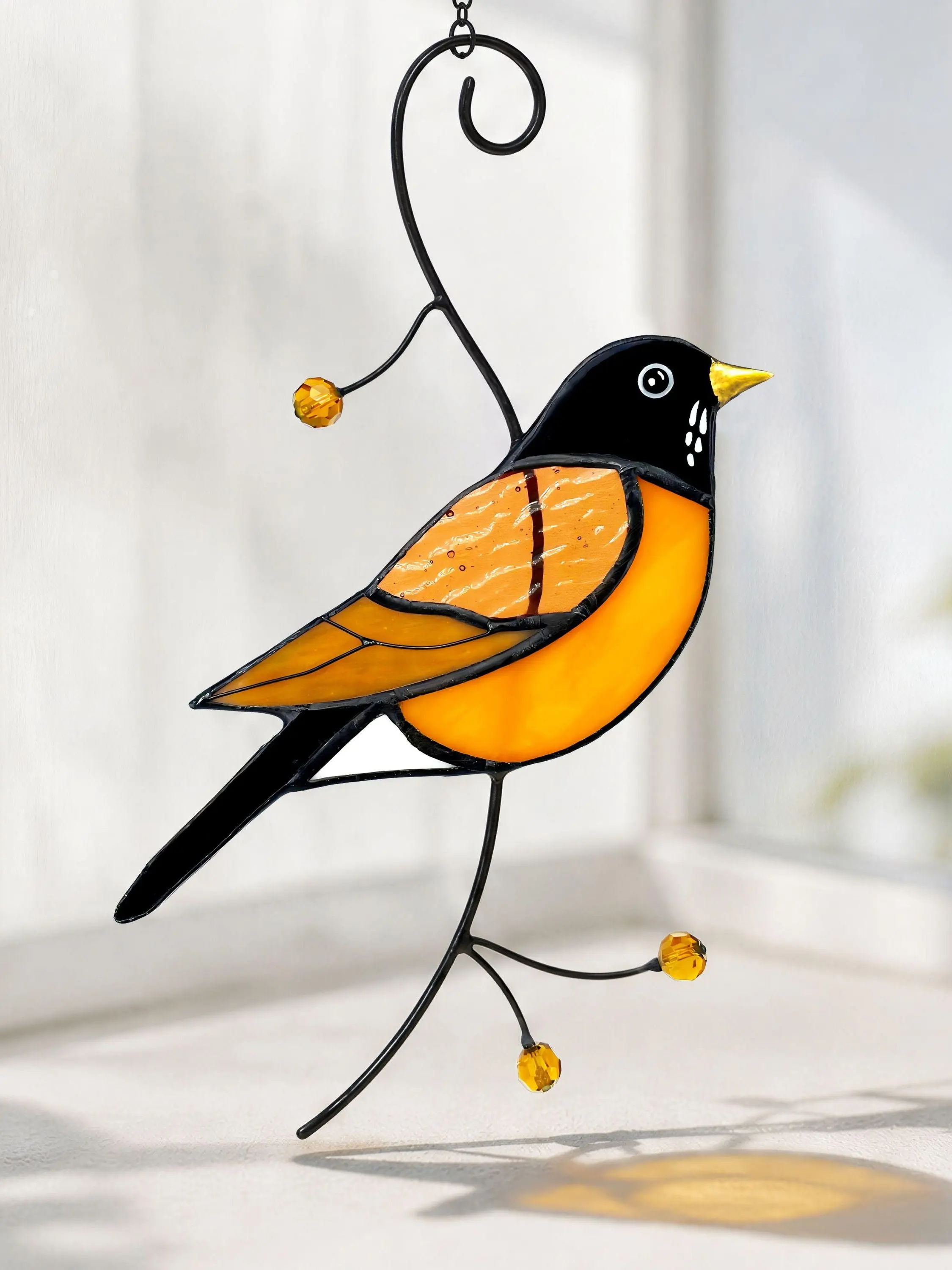 American Robin Suncatcher Stained Glass Window Hanging, Vibrant Color Sun Light Catcher, Handmade Aesthetic Red Breasted Bird Style Cottagecore Home Decor, Herald of Spring Backyard Art, Luxury Holiday Gifts Box Included for Mom Grandma Wife Women