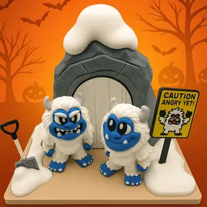 Snowy Yeti Cave Diorama with Two Yetis 3D_Flexi_Forge Modern Winter Decor Rock Cave Façade Wood Style Door Snow Drifts Ornaments Lightweight Sturdy