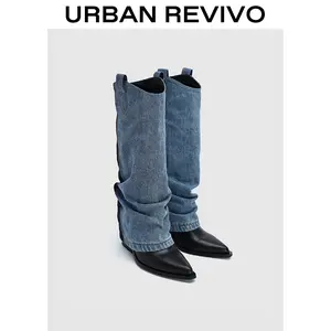 URBAN REVIVO Women's Casual Mid-Calf Boots - Mixed Fabrics Patchwork, New Modern Design Pointed-Toe Stylish Footwear, UAWS30074