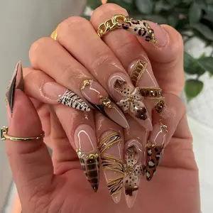 Luxury Leopard Print Press On Nails with 3D Flowers and Gold Wire, Elegant 3D Floral Press On Nails with Cheetah Print, Brown nails