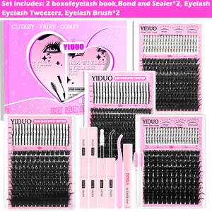 YIDUO 2 Box Clusters Lash Book Kit with 2X Bond and Seal 980Pcs Lashes Cluster Extensions 80D+100D+200D+300D with Spikes&Bottom Mix Styles Individual Eyelash Extensions Kit D Curvature Volume Soft False Eyelashes with Remover, Tweezers Box for Beginners