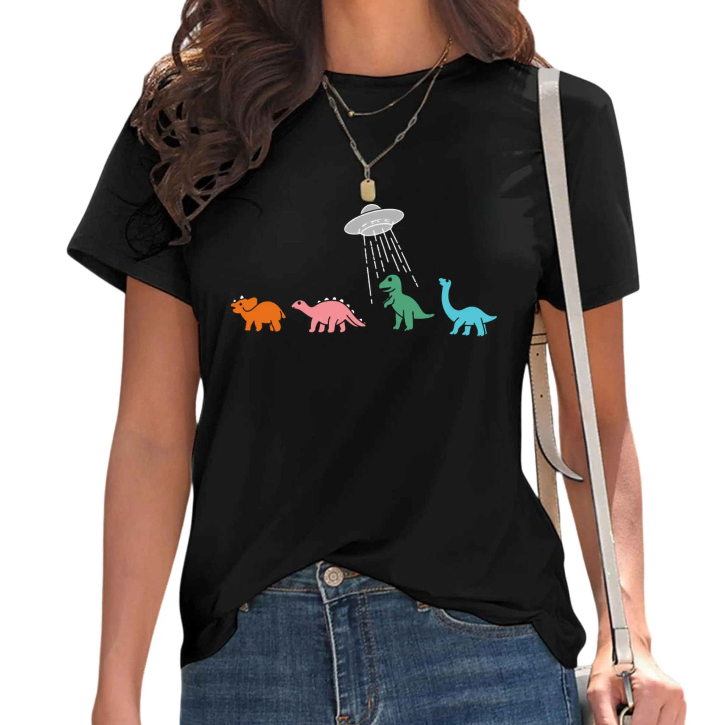 Dinosaur T-Shirt for Women Cute Dinosaur Pattern Funny Animal Print Short-Sleeve Shirt Vacation Top