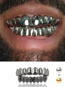 CRUSH CR 2pcs Full Mouth Mirror Finish Black Silver Golden 8 Teeth Grillz – 14K Gold Plated Copper, High Shine Hip-Hop Teeth Jewelry for Black Women, Girls & Men. Perfect for Parties, Music Festivals, Couple Gifts & K-Pop Style Teeth Cover Girls