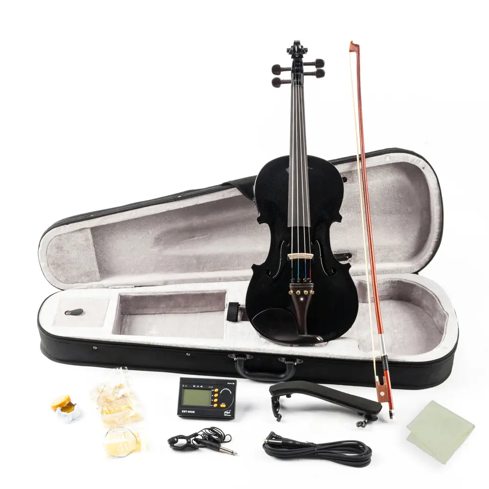 GV102 4/4 Full-Size Handmade Solid Wood EQ Acoustic Violin Set, Beginner-Friendly, Includes Case, Bow, Strings, Shoulder Rest, Electronic Tuner, Connecting Wire, Black Cloth & Extra Strings