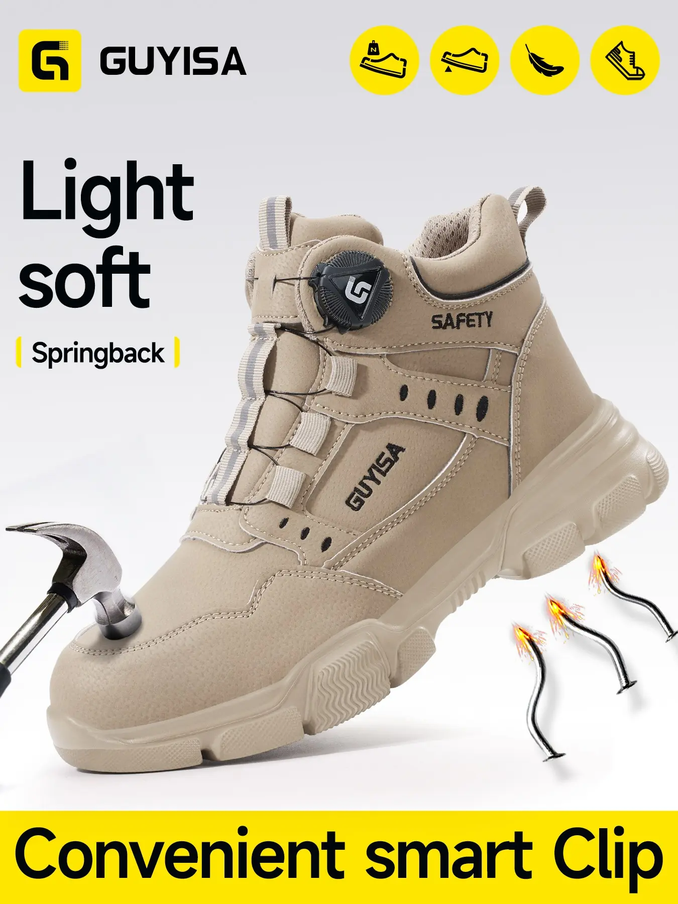 Guyisa Smart Buckle Safety Shoes, High Top Work Boots, Work Safety Footwear, Work Protective Shoes, Worker, Anti-Compression, Steel Toe, Kevlar Sole, Ideal for Heavy Industry, Shipbuilding, Mining