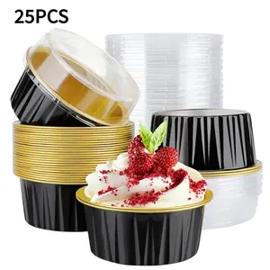 25PCS Aluminum Foil Lined Baking Cups with Lid, Disposable Mini Cake Cups, Muffin Mold, Pudding Mold, Wedding, Party, Dessert Container