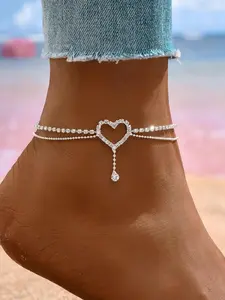 Elegant Heart Rhinestone Anklet, Light Luxury Style, Perfect for Daily Wear, Beach Date Night, Surprise Gift Idea, Stainless Steel Chain