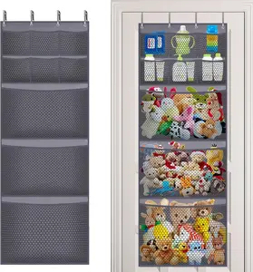 Stuffed Animal Storage, Over Door Organizer for Stuffed Animals Holder, Stuffed Animal Net Hammock with 4 Pockets for Baby Accessories, Toy Plush Storage, Kids Bedroom Organization, Gray