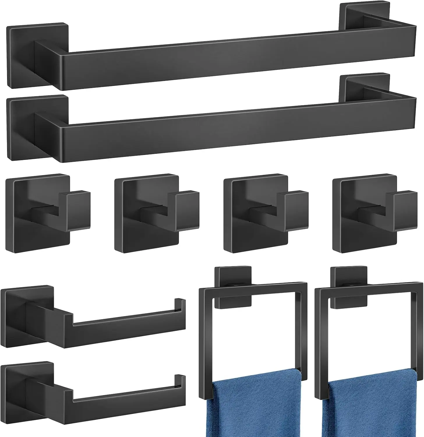 10 Pieces Bathroom Hardware Accessories Set Matte Black Towel Bar Set Towel Holder Racks Set for Bathroom,SUS304 Stainless Steel,Wall Mounted 15.7-Inch